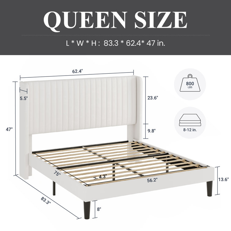 Elegant White Velvet Queen Bed with Tufted Wingback Headboard