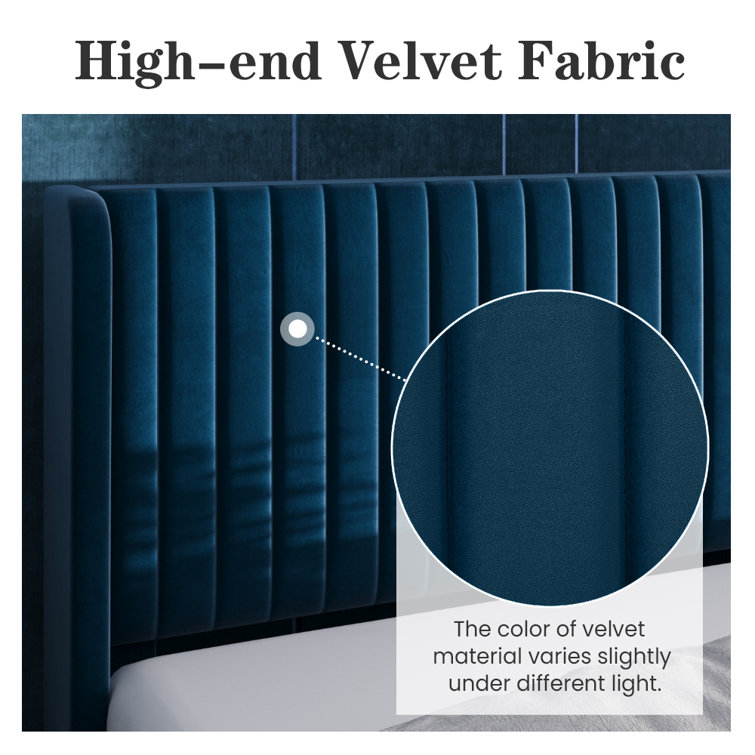 Elegant Navy Blue Velvet Queen Bed with Tufted Wingback Headboard
