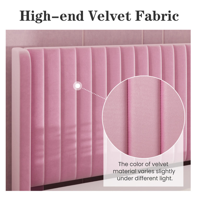 Elegant Pink Velvet Queen Bed with Tufted Wingback Headboard