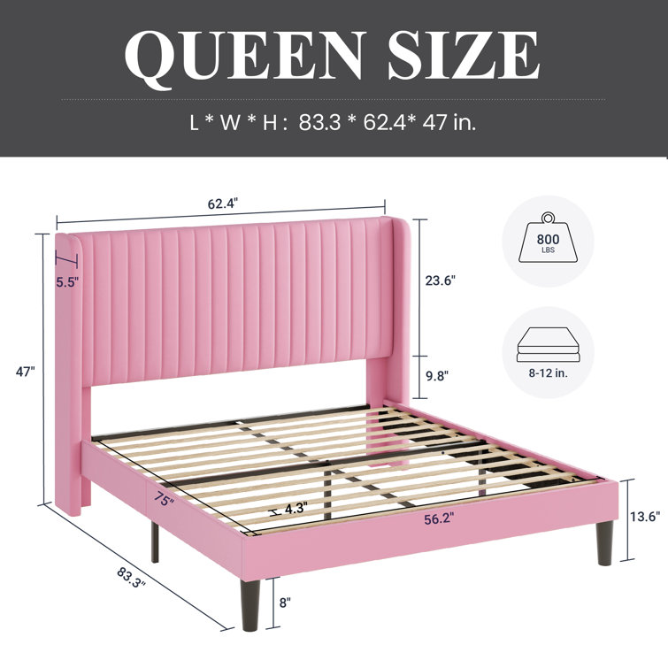 Elegant Pink Velvet Queen Bed with Tufted Wingback Headboard