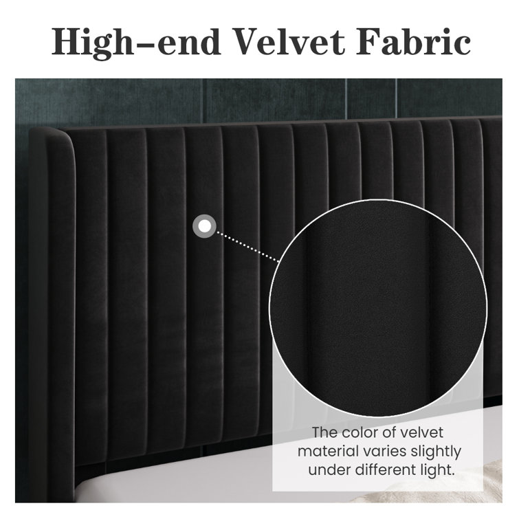 Elegant Velvet Queen Bed with Tufted Wingback Headboard and Metal Frame