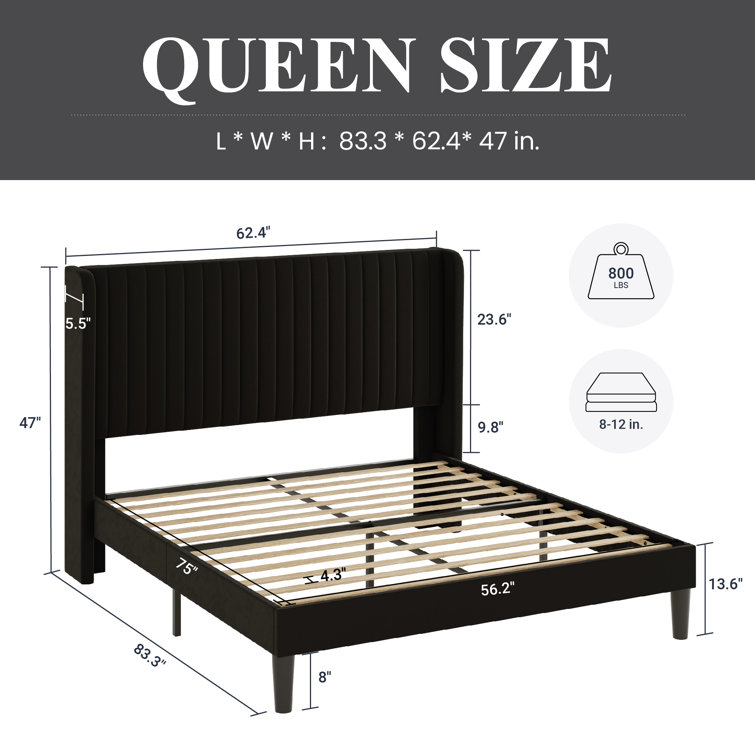 Elegant Velvet Queen Bed with Tufted Wingback Headboard and Metal Frame