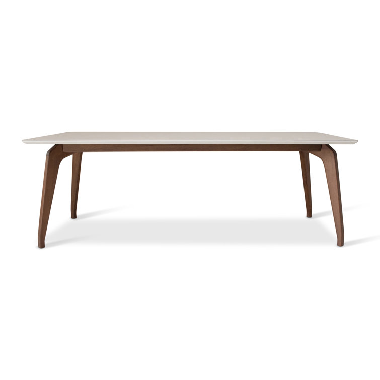 Rectangular Off-White Glass Top Dining Table with Nogal Wood Base