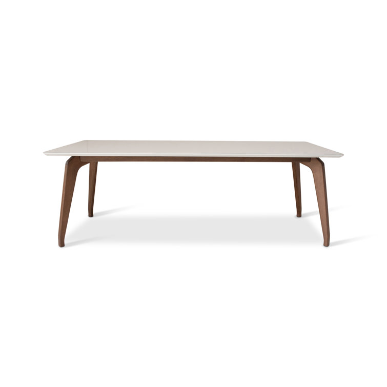 Rectangular Off-White Glass Top Dining Table with Nogal Wood Base