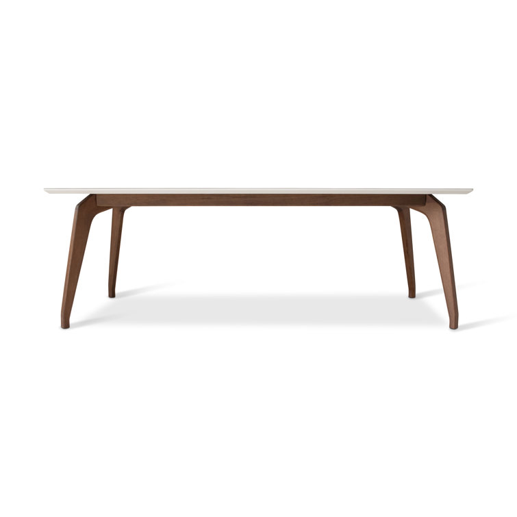 Rectangular Off-White Glass Top Dining Table with Nogal Wood Base