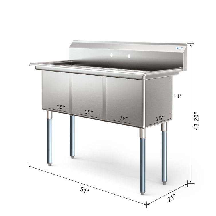 60'' Triple Bowl Brushed Stainless Steel Commercial Sink