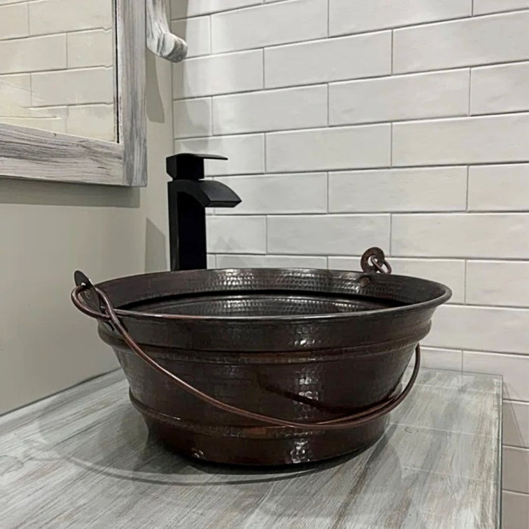 15'' Round Hand-Hammered Copper Vessel Sink with Pop-Up Drain