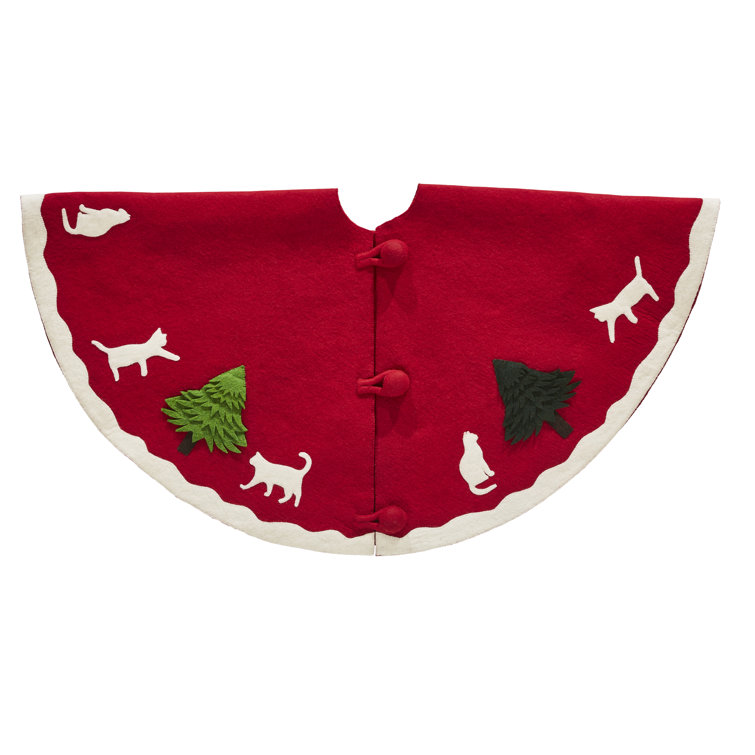 Hand-Felted Red Wool Christmas Tree Skirt with Cats and Trees