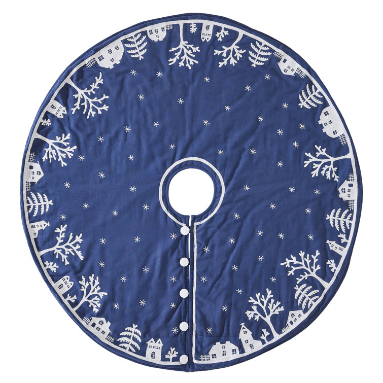 Handmade Navy Blue Cotton Christmas Tree Skirt with Village Scene - 60 Inches
