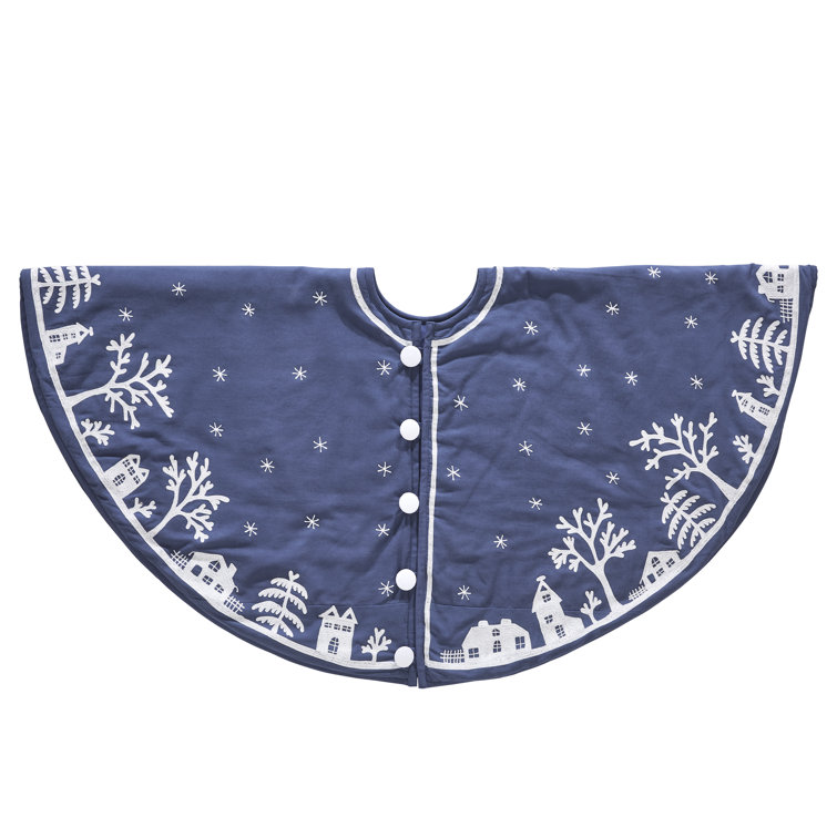 Handmade Navy Blue Cotton Christmas Tree Skirt with Village Scene - 60 Inches