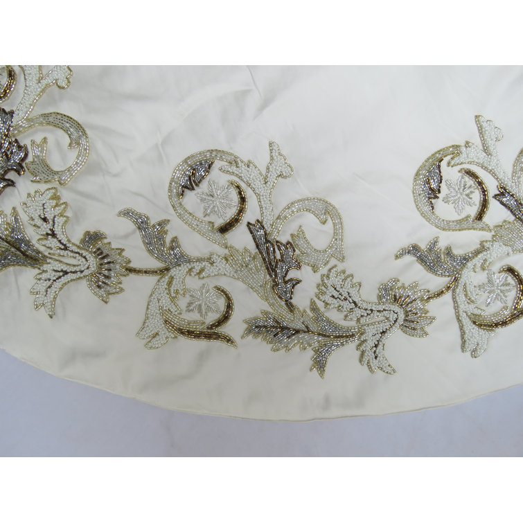 Hand Beaded Cream Silk Christmas Tree Skirt, 60" Diameter