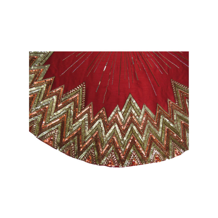 Handmade Garnet Red and Gold Beaded Christmas Tree Skirt