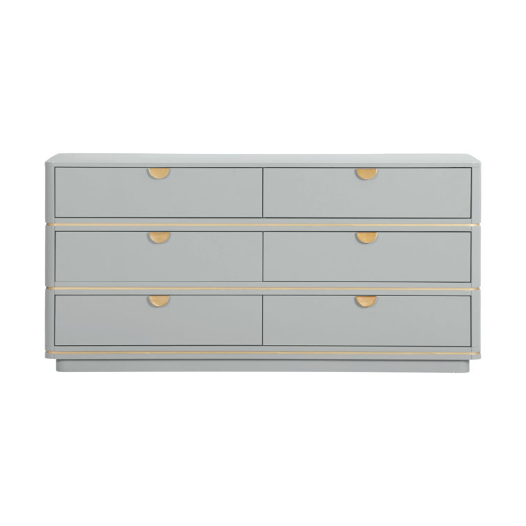 Julieta Gray Art Deco 6-Drawer Dresser with Brass Pulls