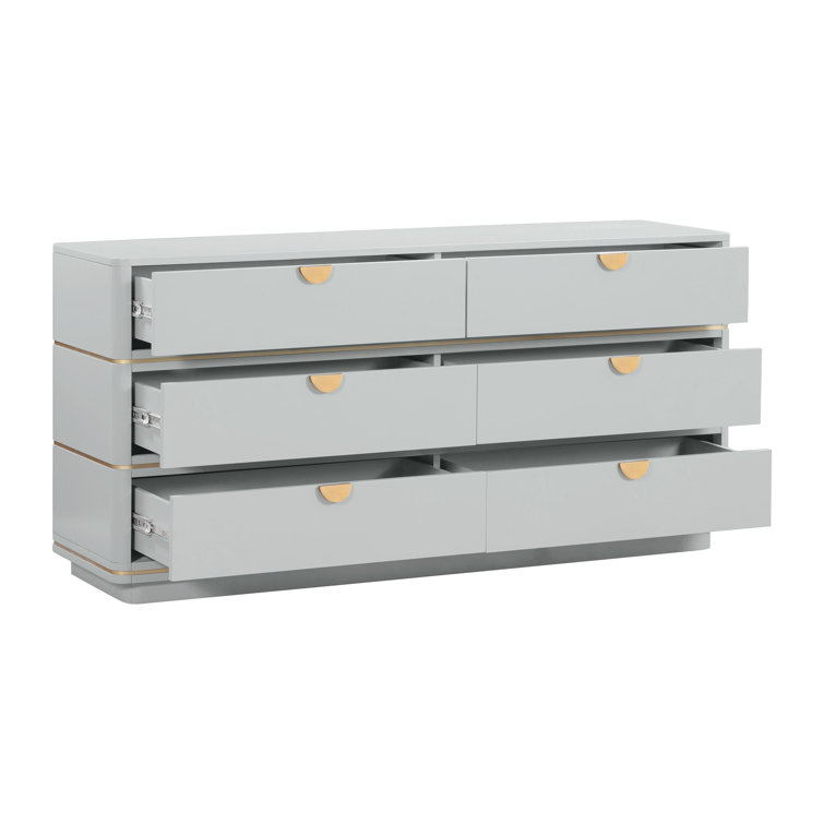 Julieta Gray Art Deco 6-Drawer Dresser with Brass Pulls