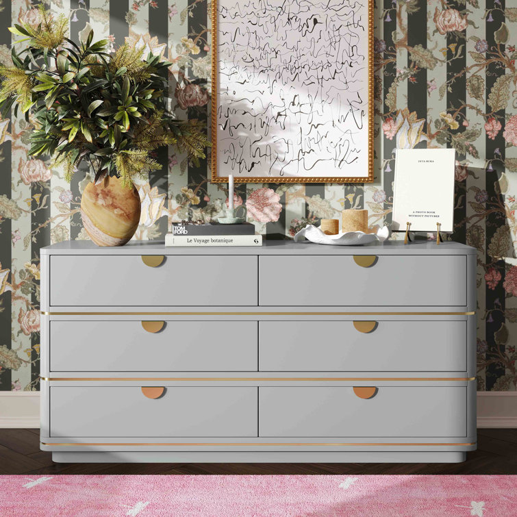 Julieta Gray Art Deco 6-Drawer Dresser with Brass Pulls