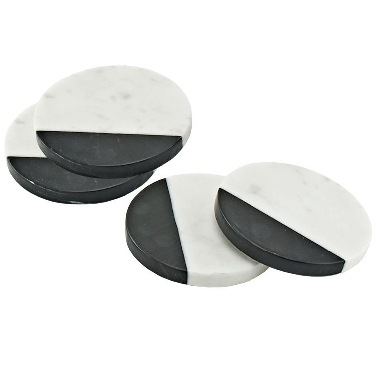 Black and White Marble Circle Coaster Set with Felt Pads