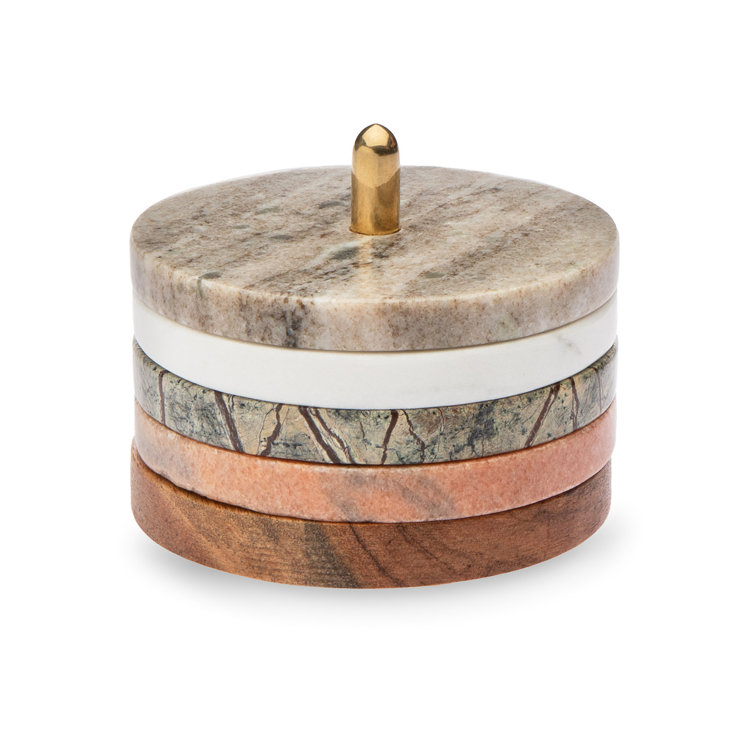 Assorted Marble and Acacia Wood Coaster Set with Brass Holder