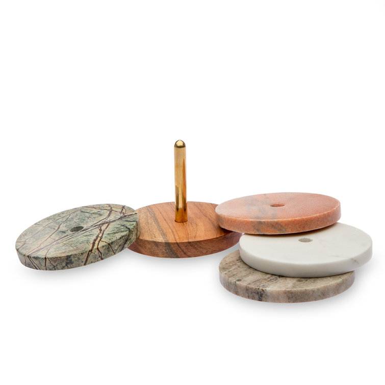 Assorted Marble and Acacia Wood Coaster Set with Brass Holder