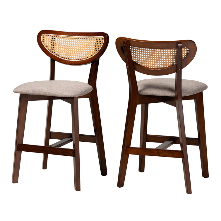 Natural Oak and Gray Upholstered Counter Stool Set with Rattan Backrest