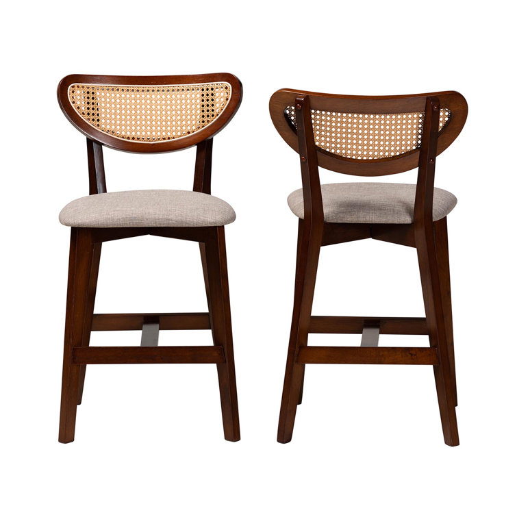 Natural Oak and Gray Upholstered Counter Stool Set with Rattan Backrest