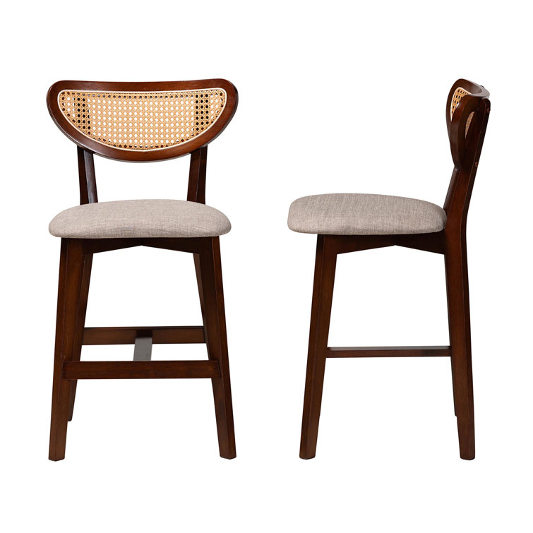 Natural Oak and Gray Upholstered Counter Stool Set with Rattan Backrest