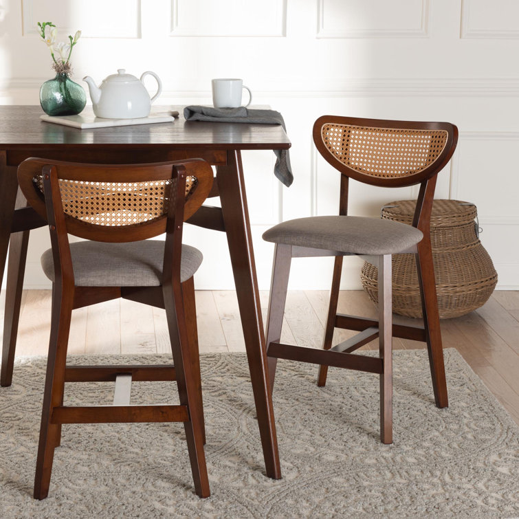 Natural Oak and Gray Upholstered Counter Stool Set with Rattan Backrest