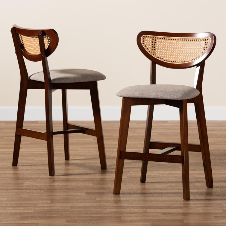 Natural Oak and Gray Upholstered Counter Stool Set with Rattan Backrest