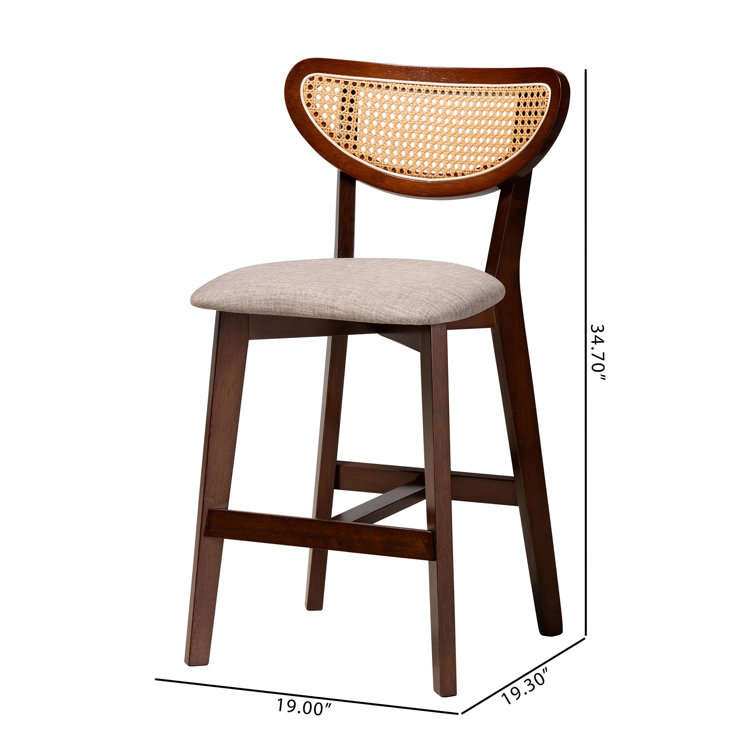 Natural Oak and Gray Upholstered Counter Stool Set with Rattan Backrest