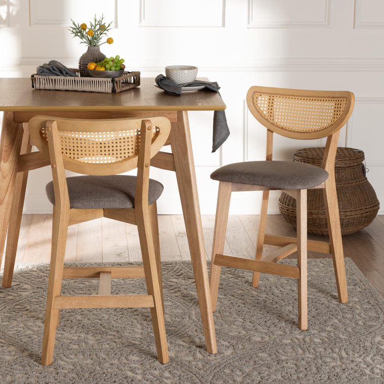 Natural Oak and Gray Upholstered Counter Stool Set with Rattan Backrest
