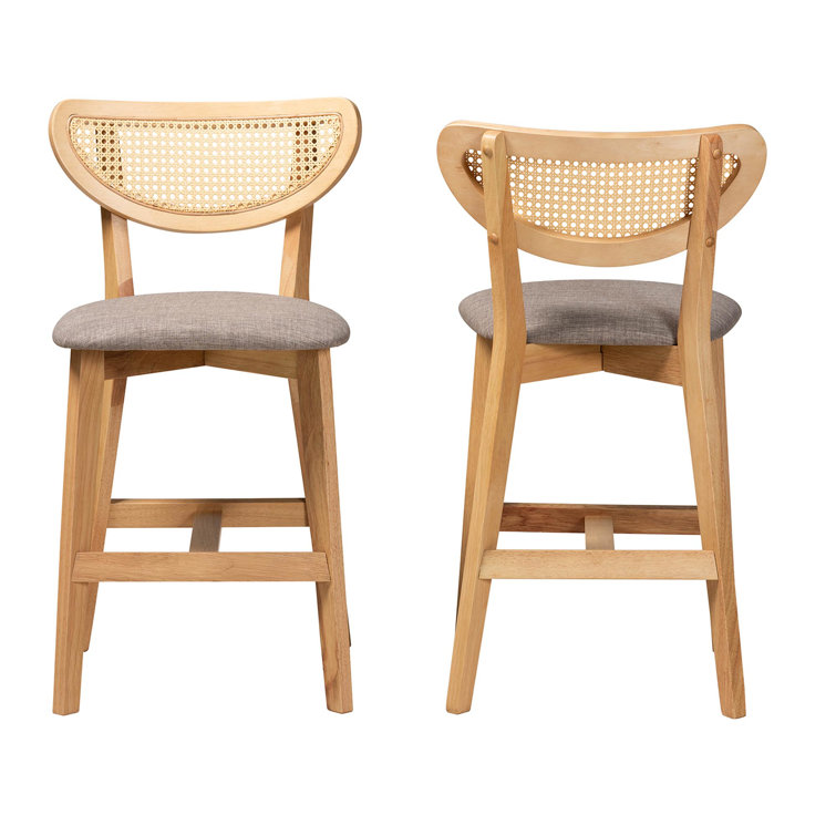 Natural Oak and Gray Upholstered Counter Stool Set with Rattan Backrest