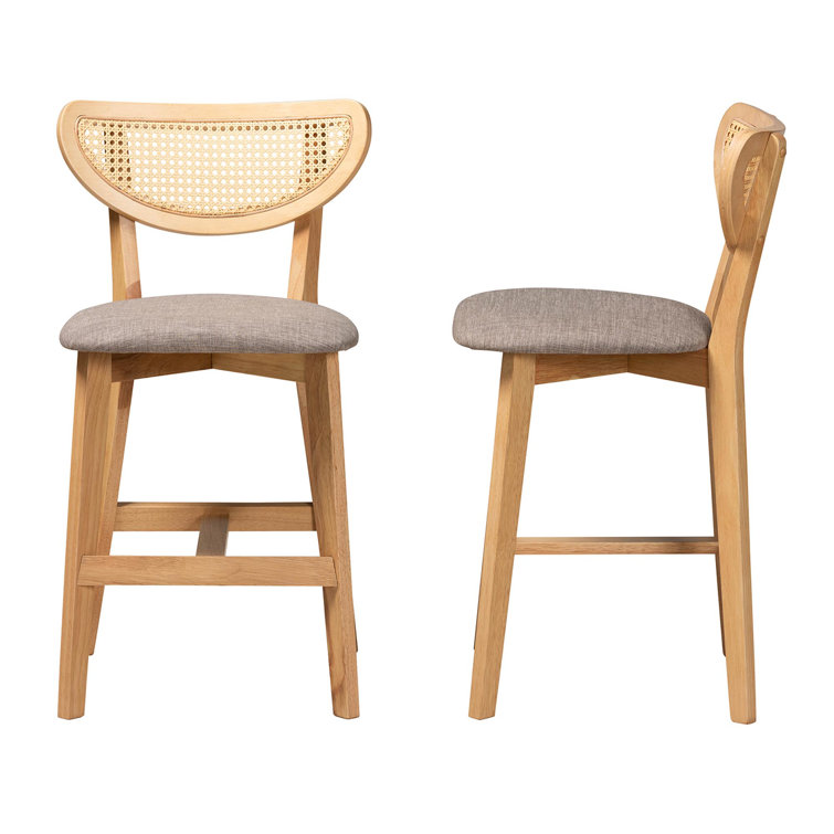 Natural Oak and Gray Upholstered Counter Stool Set with Rattan Backrest