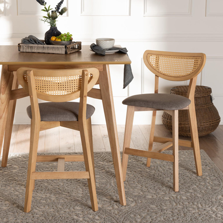 Natural Oak and Gray Upholstered Counter Stool Set with Rattan Backrest