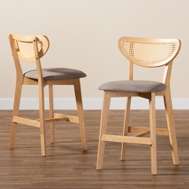 Natural Oak and Gray Upholstered Counter Stool Set with Rattan Backrest