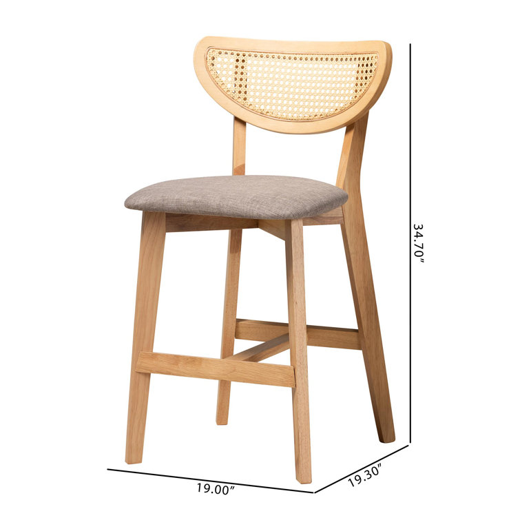 Natural Oak and Gray Upholstered Counter Stool Set with Rattan Backrest