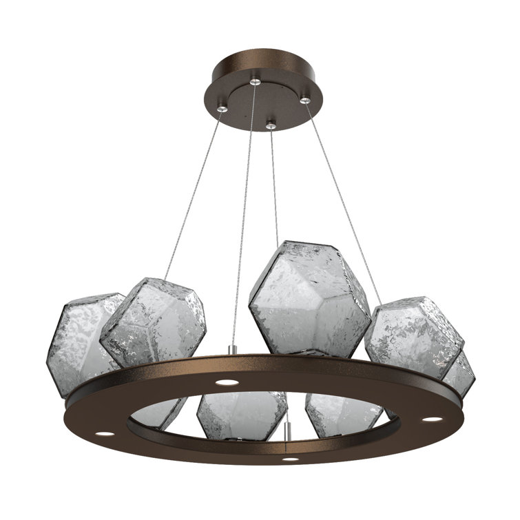 Flat Bronze Drum Chandelier with Hand-Blown Glass Gems