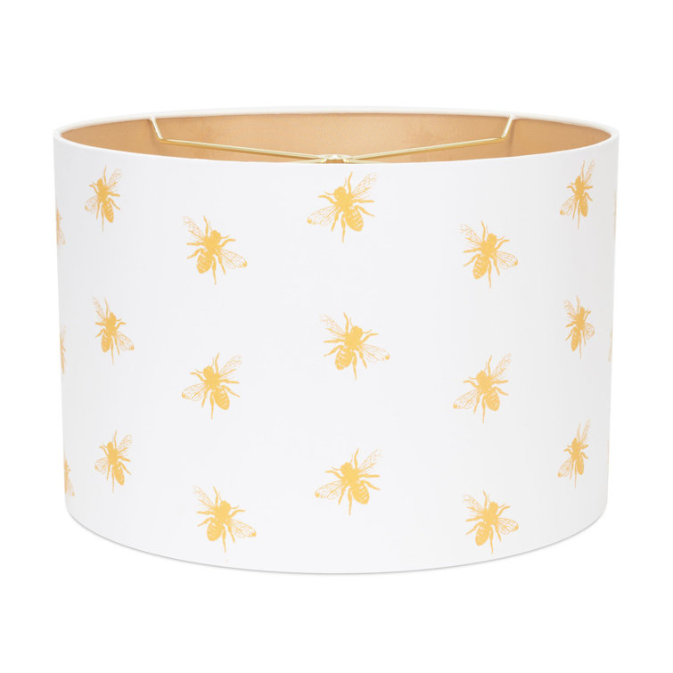 White and Gold Linen Drum Lamp Shade with Bee Pattern