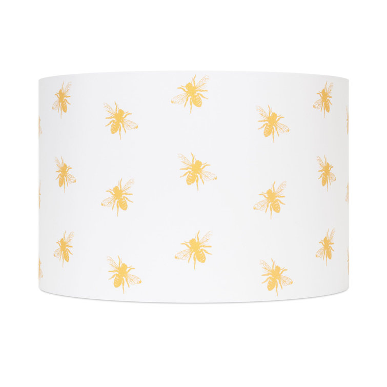 White and Gold Linen Drum Lamp Shade with Bee Pattern