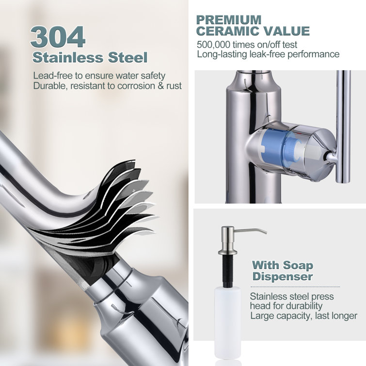 Polished Chrome Stainless Steel Pull Down Kitchen Faucet with Soap Dispenser