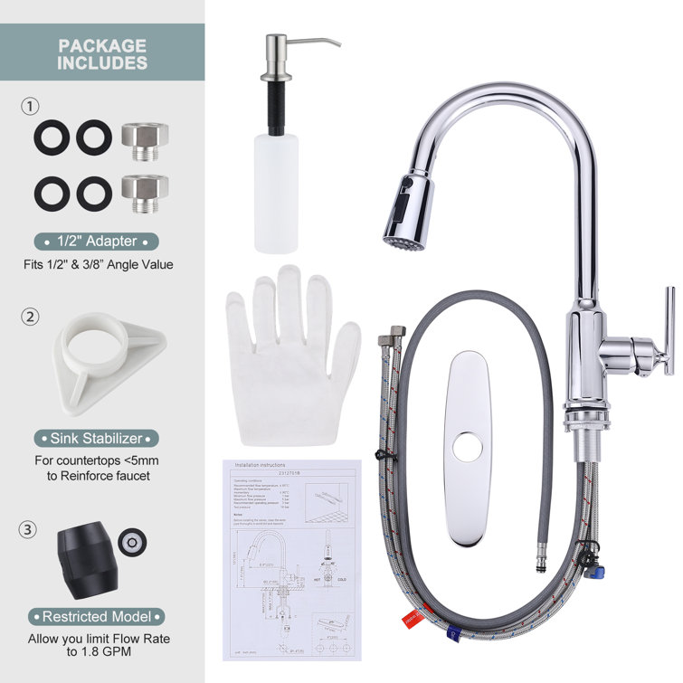 Polished Chrome Stainless Steel Pull Down Kitchen Faucet with Soap Dispenser