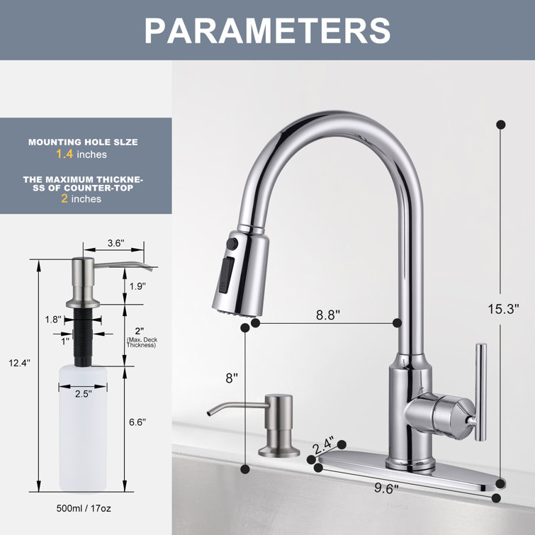 Polished Chrome Stainless Steel Pull Down Kitchen Faucet with Soap Dispenser