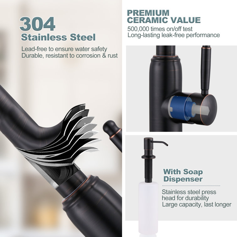Oil Rubbed Bronze Stainless Steel Pull Down Kitchen Faucet with Soap Dispenser