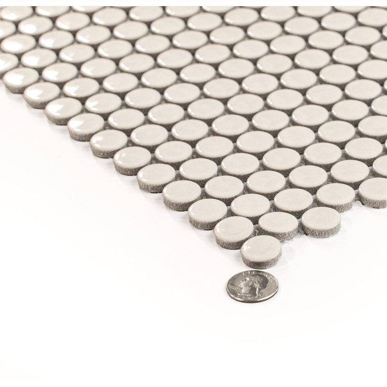 Cirkel Beige Glossy Penny Round Porcelain Mosaic Tile Sheet