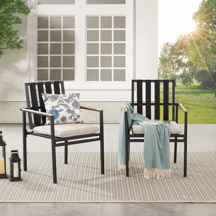 Black Powder Coated Aluminum Outdoor Dining Chairs with Beige Cushions