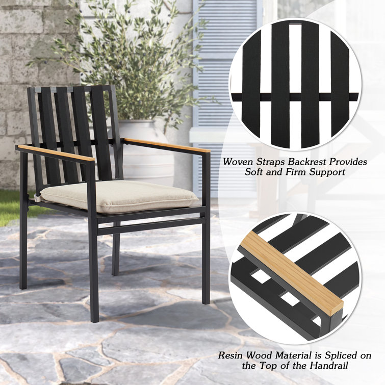 Black Powder Coated Aluminum Outdoor Dining Chairs with Beige Cushions