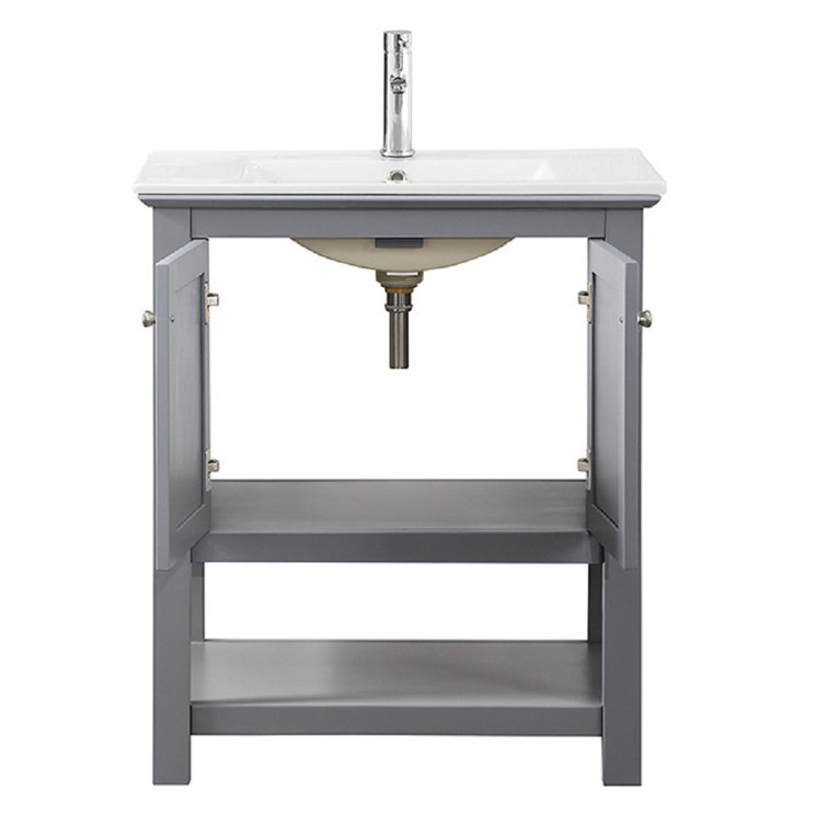 30" Grey Solid Wood & MDF Country Bathroom Vanity with Ceramic Sink