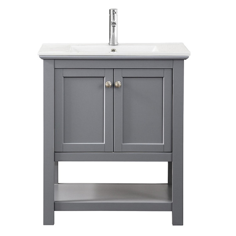 30" Grey Solid Wood & MDF Country Bathroom Vanity with Ceramic Sink