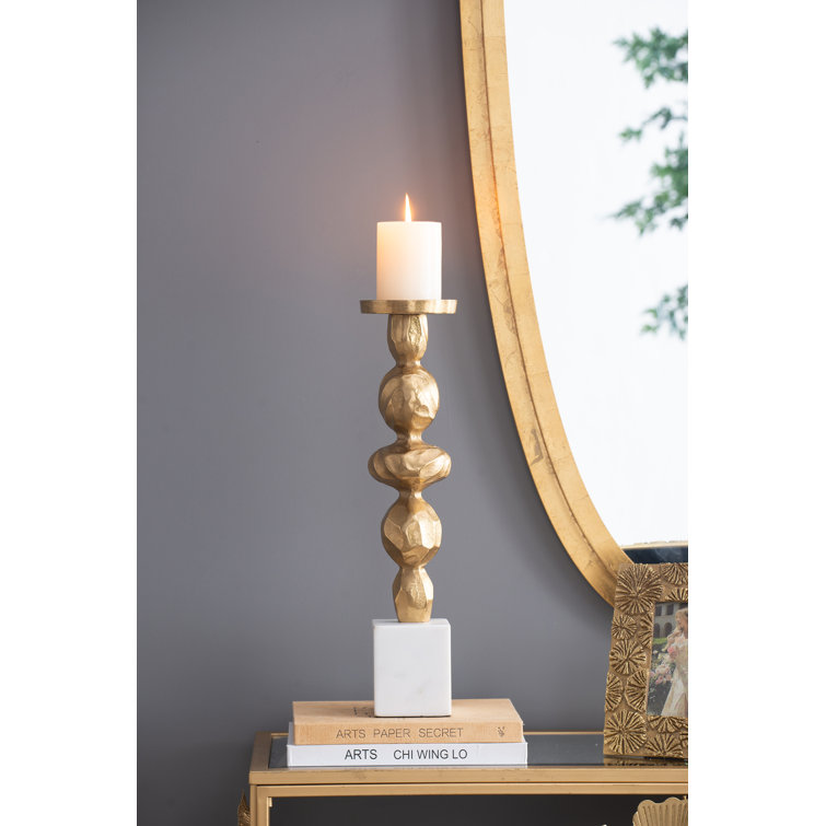 Gold and White Marble Aluminum Pillar Candle Holder
