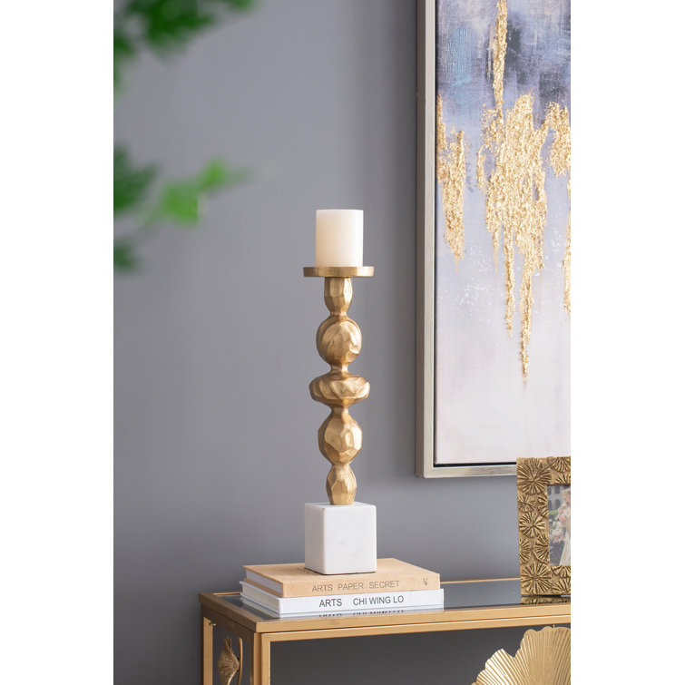 Gold and White Marble Aluminum Pillar Candle Holder