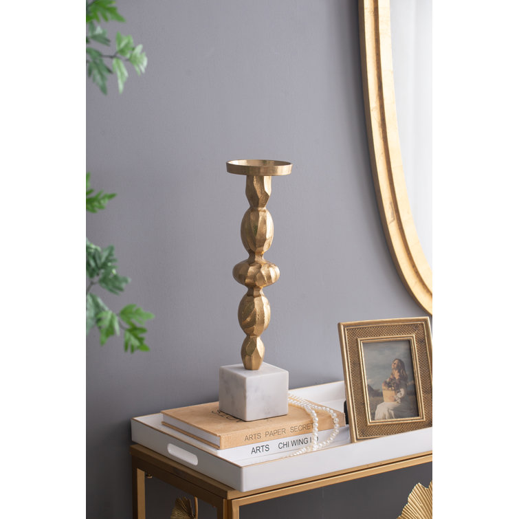 Gold and White Marble Aluminum Pillar Candle Holder