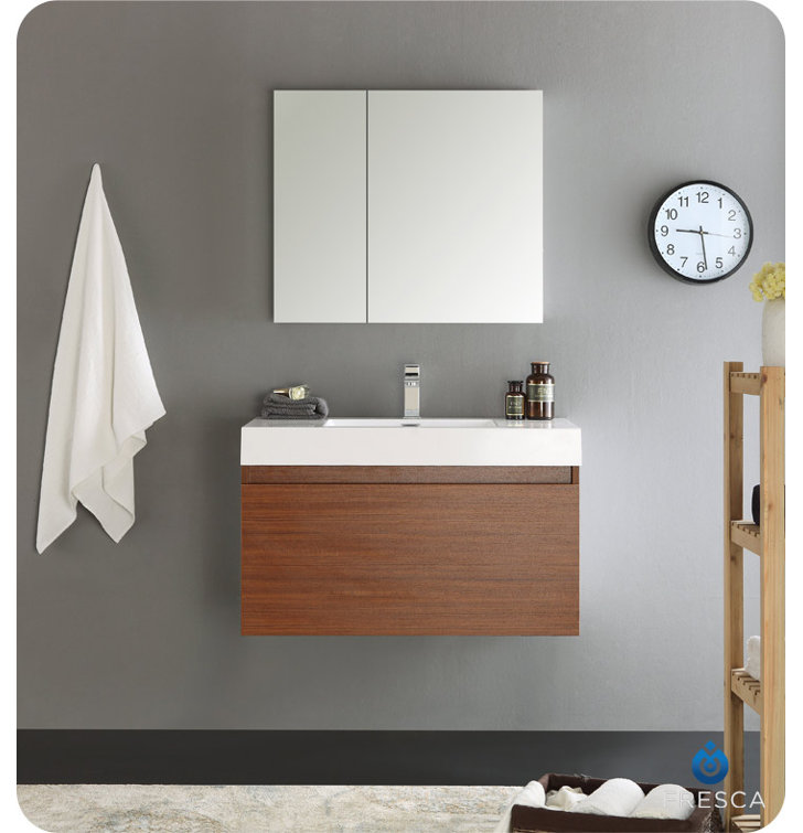Modern Teak and Acrylic 35" Wall-Mounted Single Vanity